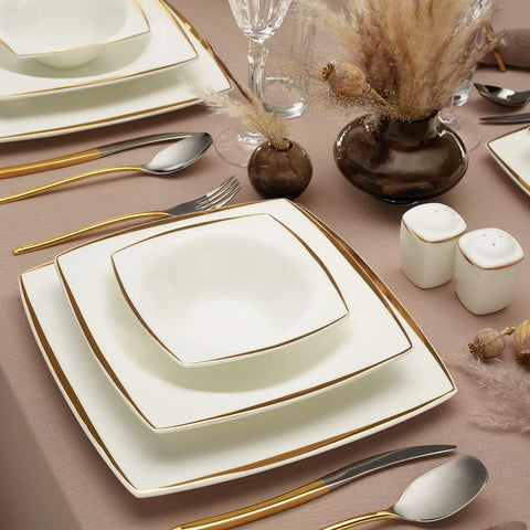 Karaca Fine Pearl Agate 62-Piece Dinner Set for 12 People, White Gold