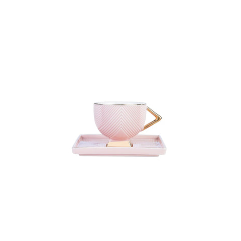 Karaca Art Deco 4 Piece Porcelain Espresso Turkish Coffee Cup Set for 2 People, 80ml, Pink Gold