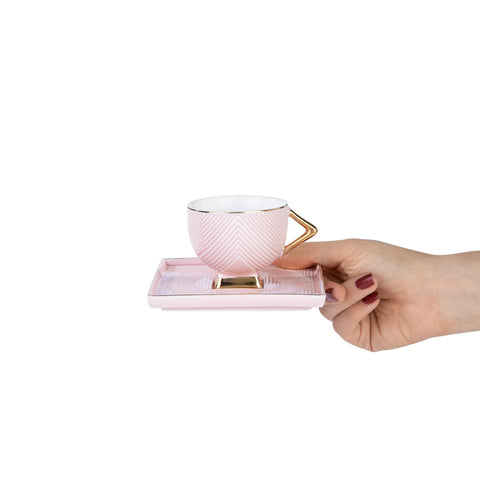 Karaca Art Deco 4 Piece Porcelain Espresso Turkish Coffee Cup Set for 2 People, 80ml, Pink Gold