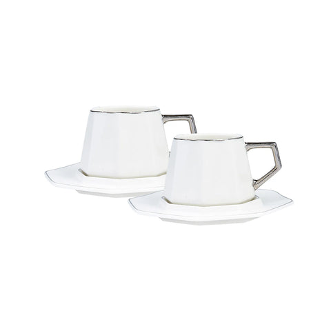 Karaca Zeher 4 Piece Porcelain Espresso Turkish Coffee Cup Set for 2 People, 90ml, White Platinum