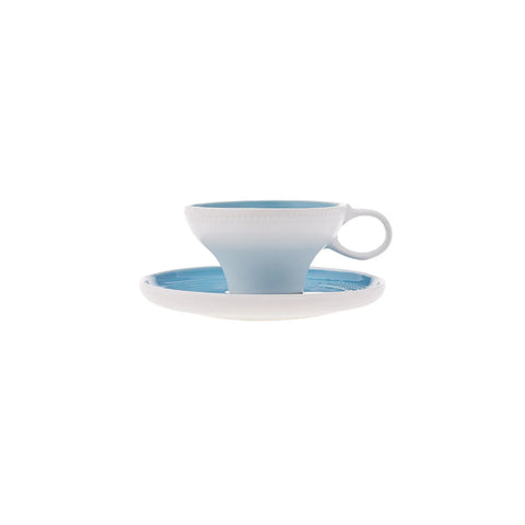 Karaca Fit Collection 4 Piece Stoneware Tea Cup and Saucer Set for 2 People, 10cmx5.5cm, Blue White