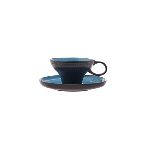 Karaca Fit Collection 4 Piece Stoneware Tea Cup and Saucer Set for 2 People, 10cmx5.5cm, Blue Black