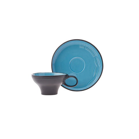 Karaca Fit Collection 4 Piece Stoneware Tea Cup and Saucer Set for 2 People, 10cmx5.5cm, Blue Black