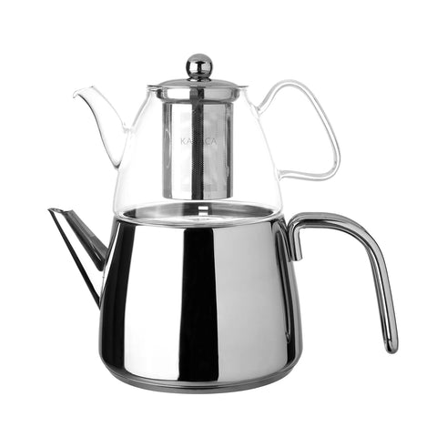 Karaca Amisos Glass and Stainless Steel Teapot Set with Infuser, Silver Transparent