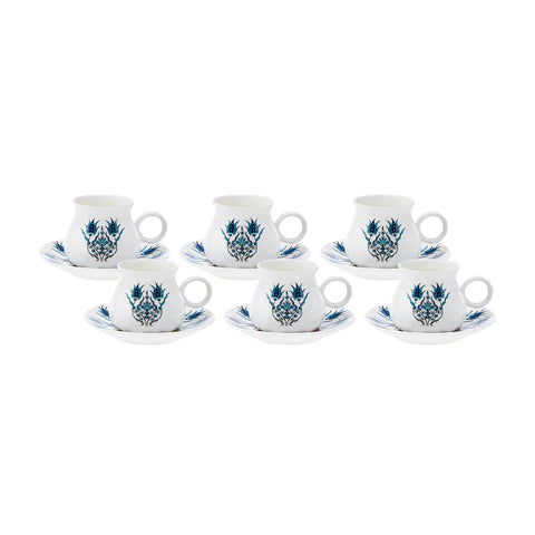 Karaca Bursa 12-Piece Porcelain Espresso Turkish Coffee Cup Set for 6 People, 90ml, Blue White