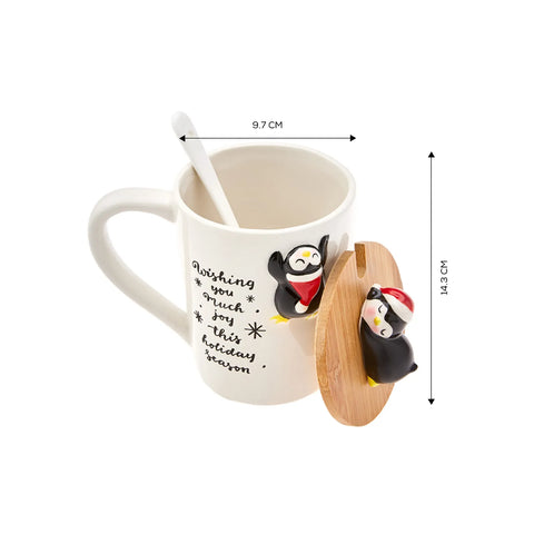 Karaca New Year Christmas Penguin Ceramic Mug with Lid and Spoon, 375ml, Multi