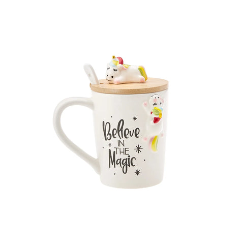 Karaca New Year Christmas Unicorn Ceramic Mug with Lid and Spoon, 375ml, Multi