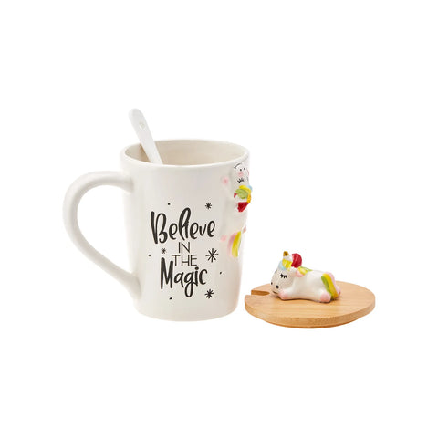 Karaca New Year Christmas Unicorn Ceramic Mug with Lid and Spoon, 375ml, Multi