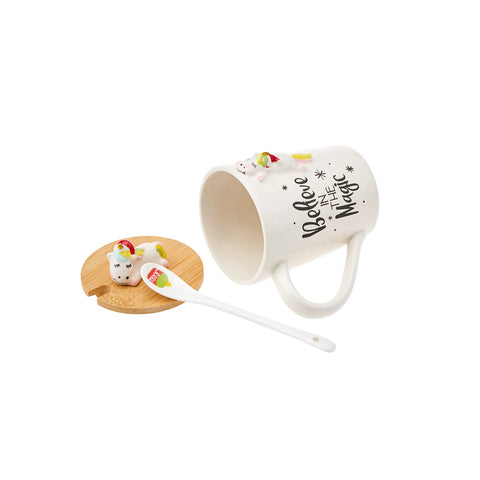 Karaca New Year Christmas Unicorn Ceramic Mug with Lid and Spoon, 375ml, Multi