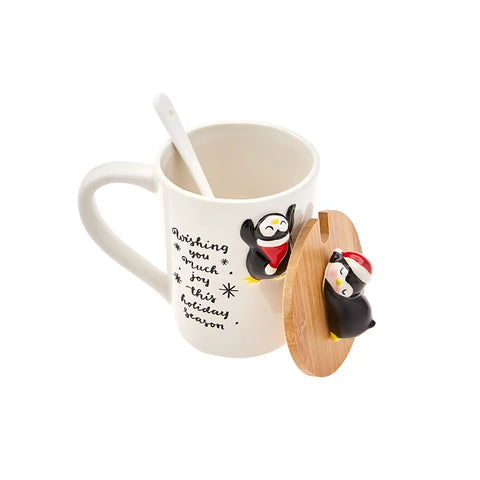 Karaca New Year Christmas Penguin Ceramic Mug with Lid and Spoon, 375ml, Multi