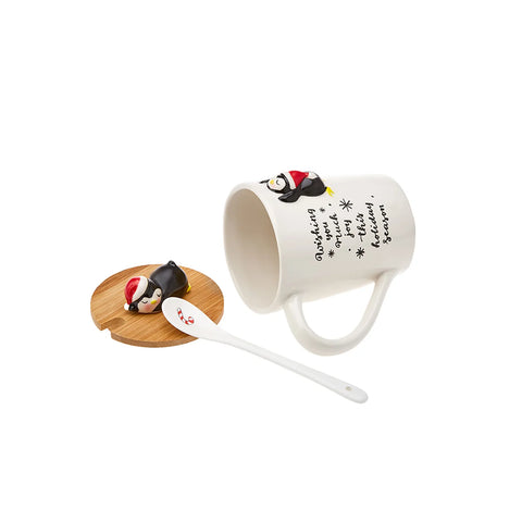 Karaca New Year Christmas Penguin Ceramic Mug with Lid and Spoon, 375ml, Multi