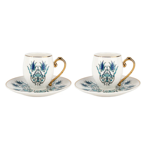 Karaca İznik 4-Piece Porcelain Espresso Turkish Coffee Cup Set for 2 People, 80ml, White Blue