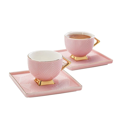 Karaca Art Deco 4 Piece Porcelain Espresso Turkish Coffee Cup Set for 2 People, 80ml, Pink Gold