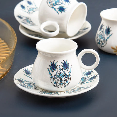 Karaca Bursa 12-Piece Porcelain Espresso Turkish Coffee Cup Set for 6 People, 90ml, Blue White