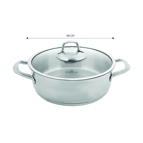 Karaca Bianca 304 Stainless Steel Induction Shallow Casserole with Lid, 26cm, Silver