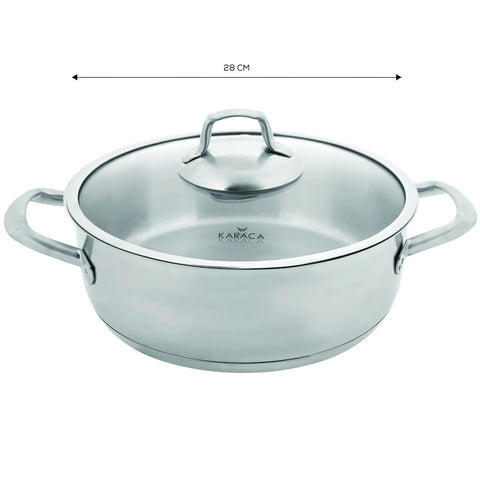 Karaca Bianca 304 Stainless Steel Induction Shallow Casserole with Lid, 28cm, Silver