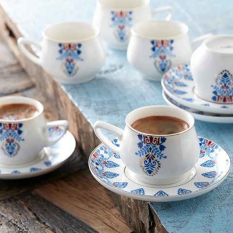 Karaca Relica 12 Piece Porcelain Espresso Turkish Coffee Cup Set for 6 People, 90ml, Multi