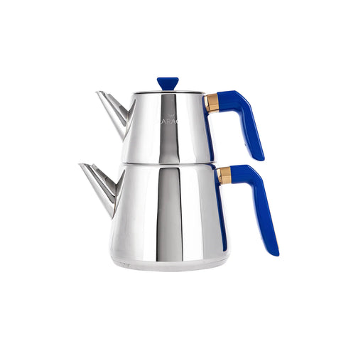 Karaca Piramit Stainless Steel Induction Teapot Set, Medium, Dark Blue Gold Silver