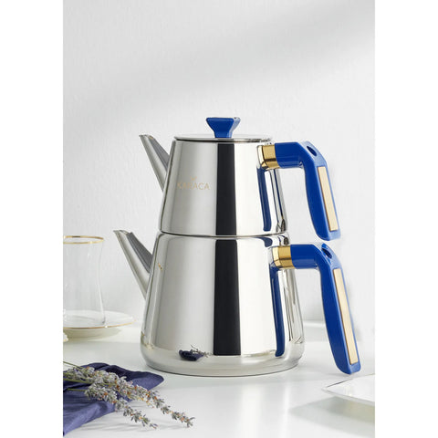 Karaca Piramit Stainless Steel Induction Teapot Set, Medium, Dark Blue Gold Silver