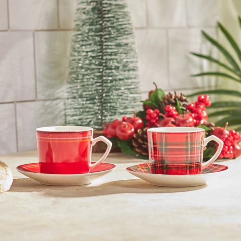 Karaca New Year Christmas Ekose 4-Piece Porcelain Espresso Turkish Coffee Cup for 2 People, 80ml, Multi