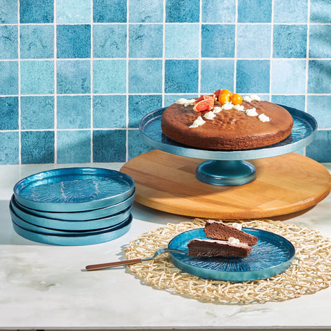 Karaca Carla 7 Piece Glass Cake Stand with Serveware Set for 6 People, Blue