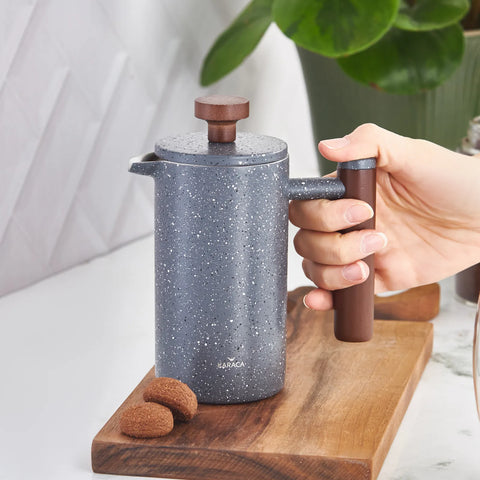 Karaca Stainless Steel Double Wall Marble French Press with Chestnut Handle, 350ml, Dark Grey