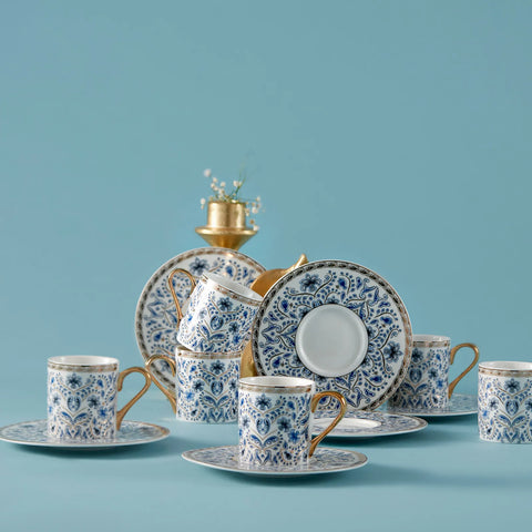 Karaca Delft 12 Piece Porcelain Espresso Turkish Coffee Cup for 6 People, 90ml, Blue White Gold