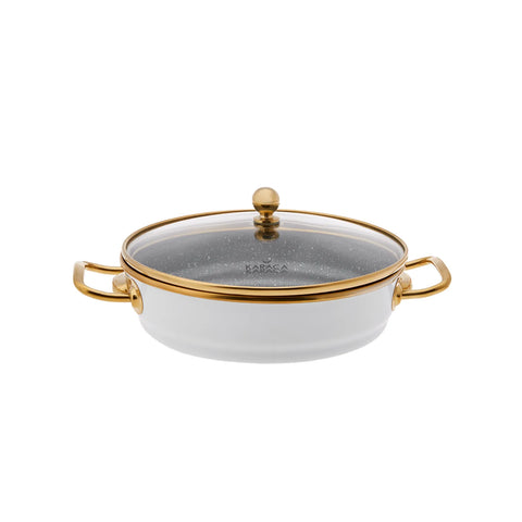 Karaca Troy Enamel Induction Shallow Stock Pot with Lid, 20cm, White Gold