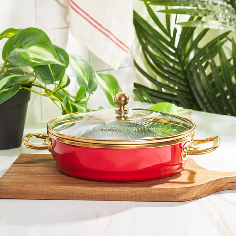 Karaca Troy Enamel Induction Shallow Stock Pot with Lid, 20cm, Red Gold