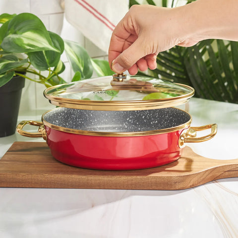 Karaca Troy Enamel Induction Shallow Stock Pot with Lid, 20cm, Red Gold