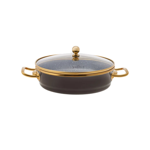 Karaca Troy Enamel Induction Shallow Stock Pot with Lid, 20cm, Black Gold