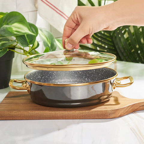 Karaca Troy Enamel Induction Shallow Stock Pot with Lid, 20cm, Black Gold