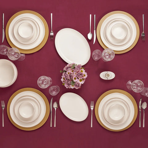 Karaca Red Carpet Collection Streamline Hole 59-Piece Bone China Dinner Set for 12 People, Gold White