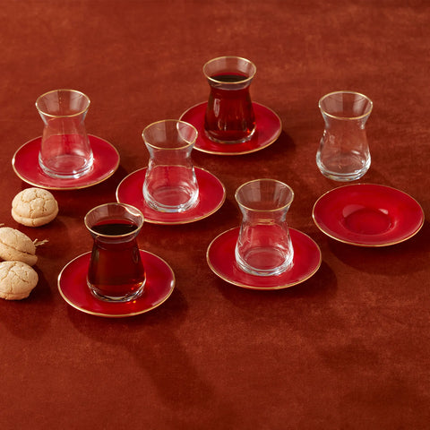 Karaca Retro 12 Piece Glass Turkish Tea Set for 6 People, 132ml, Red Gold