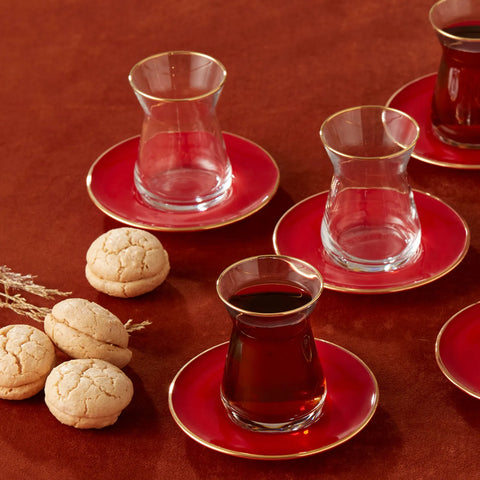 Karaca Retro 12 Piece Glass Turkish Tea Set for 6 People, 132ml, Red Gold