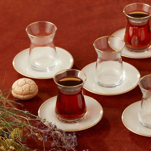 Karaca Retro 12 Piece Glass Turkish Tea Set for 6 People, 132ml, Beige Gold