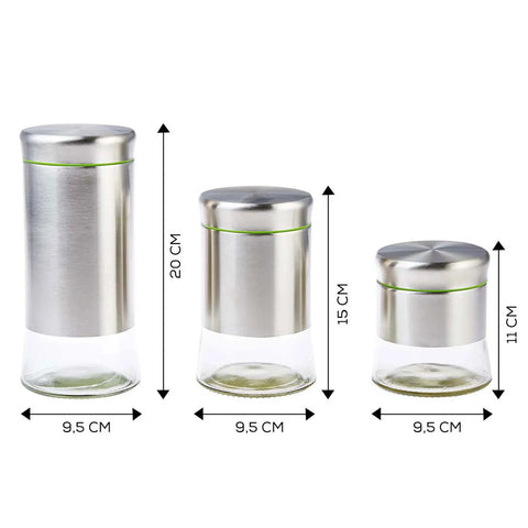 Karaca Mate 3 Piece Glass Storage Jar, Silver Green Transparent