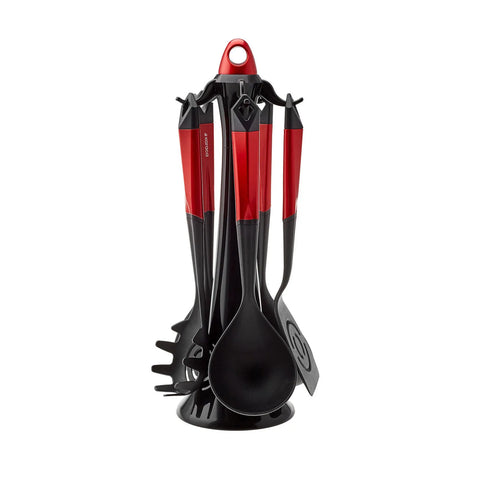 Karaca Hardy 5 Piece Kitchen Utensil Set with Stand, Black Red