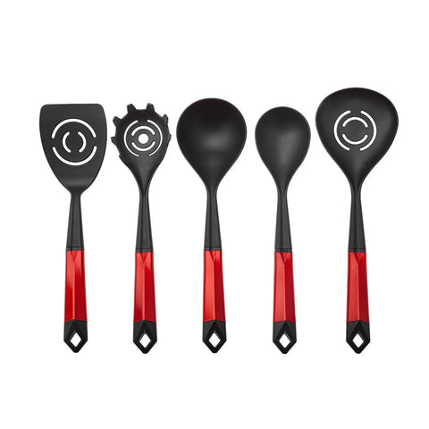 Karaca Hardy 5 Piece Kitchen Utensil Set with Stand, Black Red