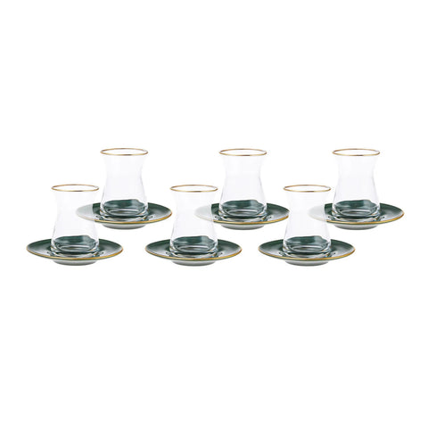 Karaca Retro 12-Piece Glass Turkish Tea Set for 6 People, 165ml, Green Gold