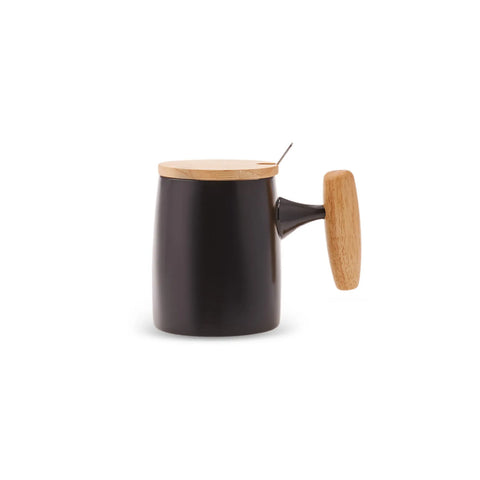 Karaca Black Knight Porcelain Mug with Lid and Spoon, 400ml, Black Wood