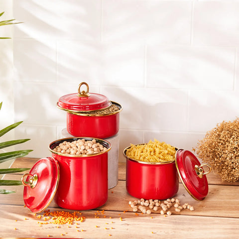 Karaca Retro 3 Piece Storage Jar, Red Gold