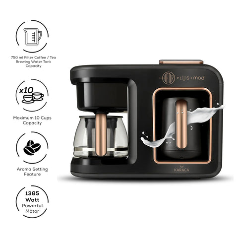 Karaca Hatır Plus Mod 5 in 1 Tea, Coffee Maker and Milk Steamer, 1385W, Black Copper