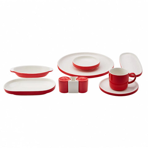 Karaca Nordic Red 27-Piece Porcelain Serveware Set for 6 People, Red Cream