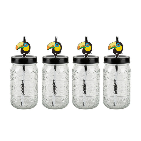 Karaca Toucan 4 Piece Glass Mug Set with Stand, 400ml, Multi