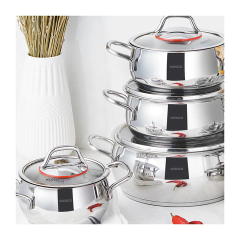 Karaca Emirgan 10-Piece Stainless Steel Induction Cookware Set, Silver Red