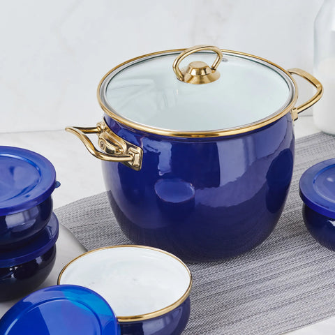 Karaca Retro 7-Piece Enamel Yoghurt Fermentation Set, Navy Blue Gold