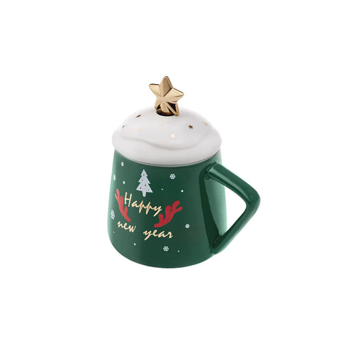 Karaca New Year Christmas Porcelain Mug with Lid and Spoon, 360ml, Multi