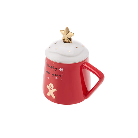 Karaca New Year Christmas Porcelain Mug with Lid and Spoon, 360ml, Multi