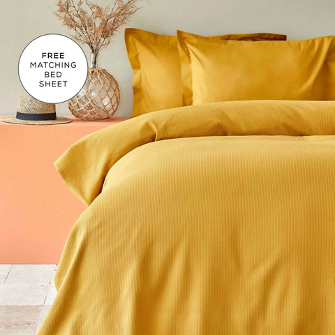 Karaca Home Back To Basic 100% Turkish Cotton Duvet Cover Set with Bed Sheet, Single, Mustard